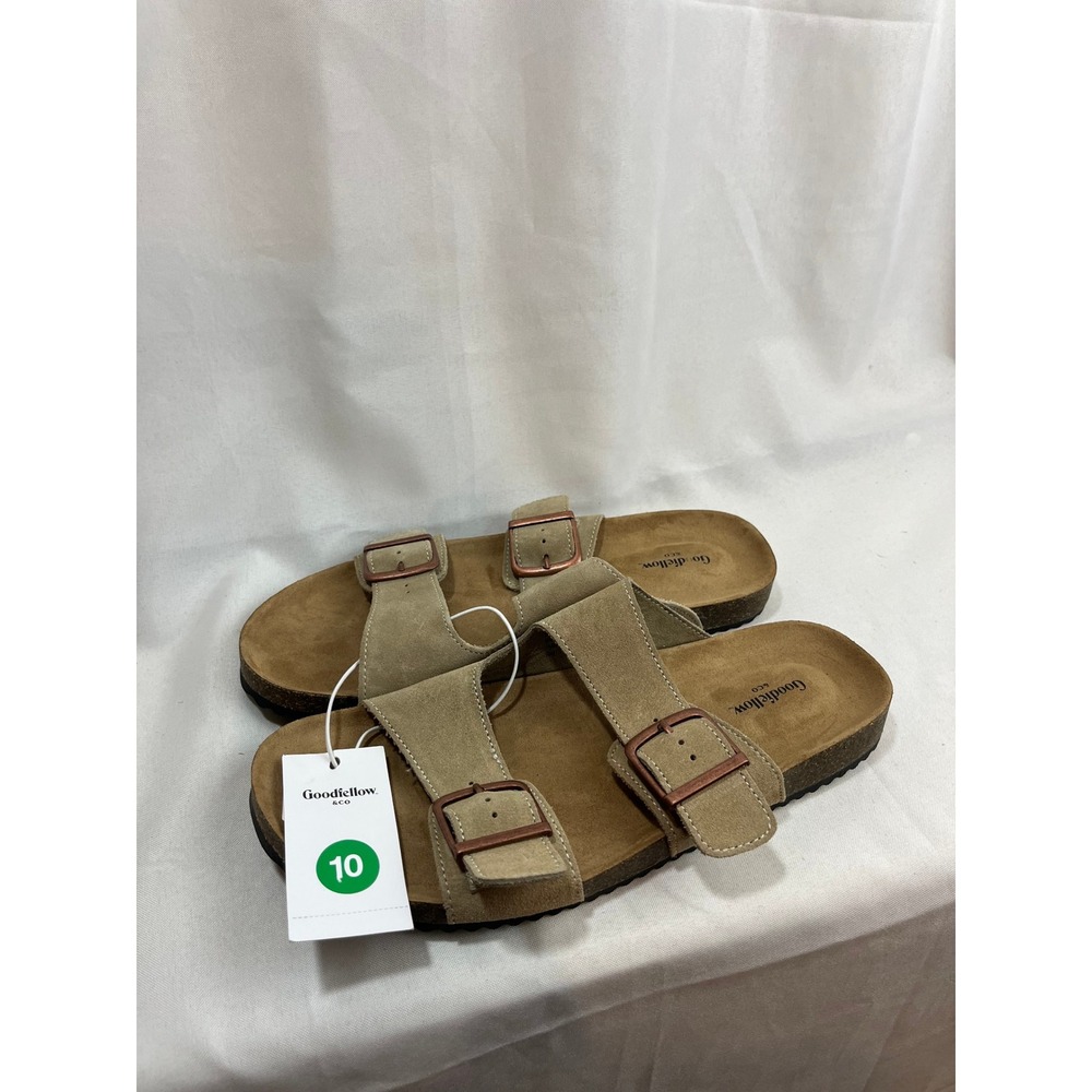 Goodfellow & Co Mens Tan Two-Strap Buckle Slide Sandals Size 10 Khaki Cork Style